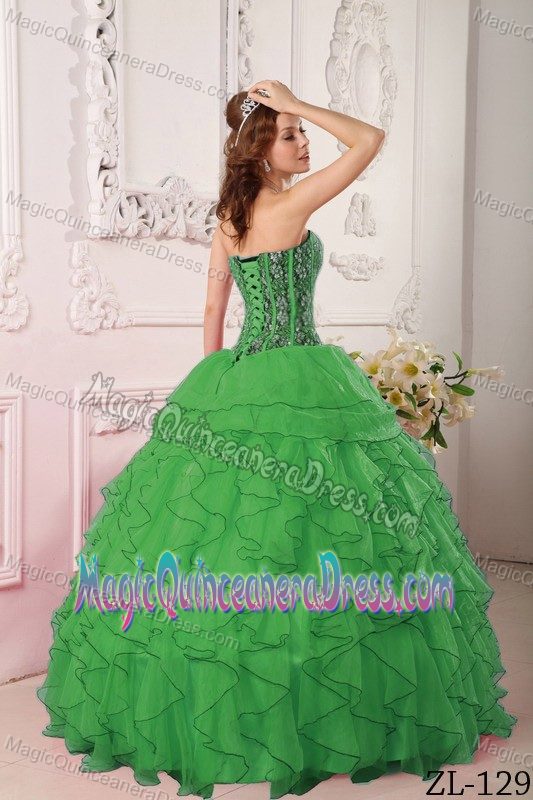 Dark Green Beaded Sweetheart Full-length Quinceanera Gown with Ruffles
