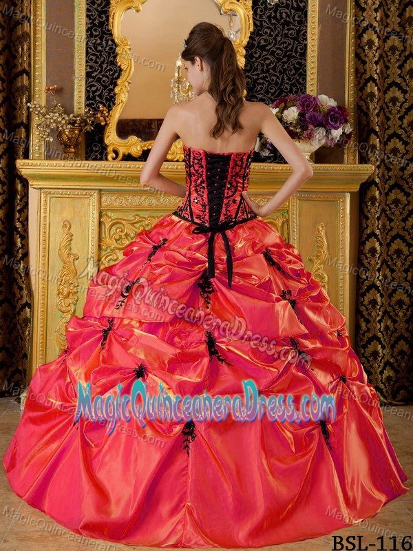 Bright Red Strapless Full-length Quince Dress with Pick-ups and Embroidery