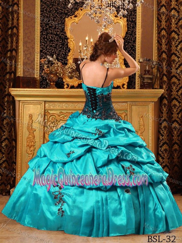 Teal Appliqued Long Quinceanera Gowns with Straps and Pick-ups in Troy