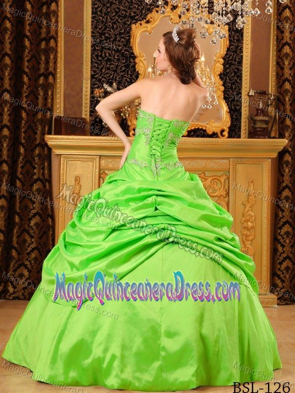 Spring Green Strapless Long Quinces Dresses with Pick-ups and Appliques