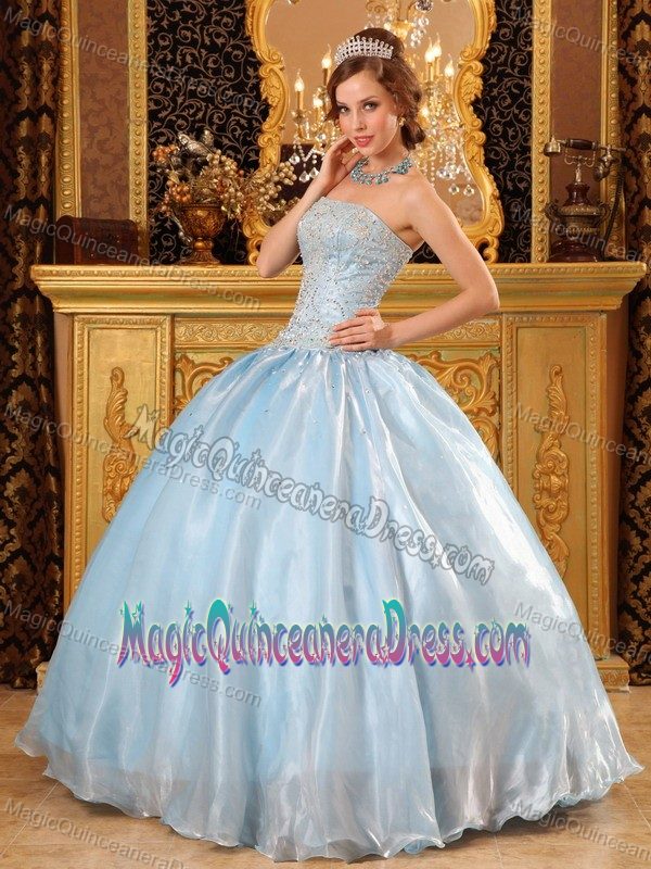 Cute Light Blue Strapless Full-length Quince Dress with Embroidery in Taos