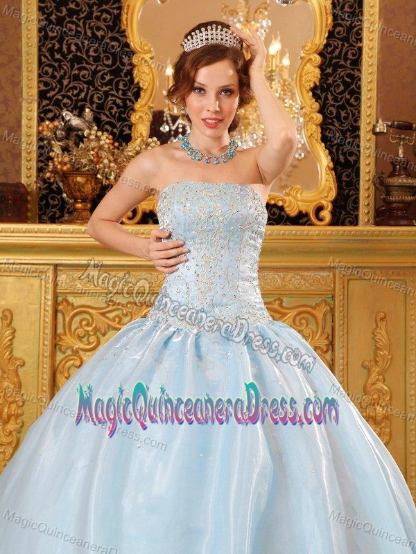 Cute Light Blue Strapless Full-length Quince Dress with Embroidery in Taos
