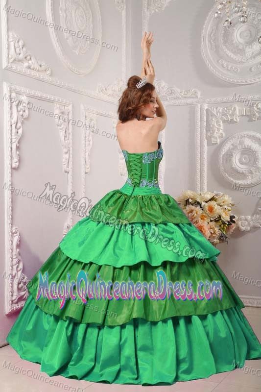 Strapless Green Beaded Long Dresses for Quinces with Appliques and Bow