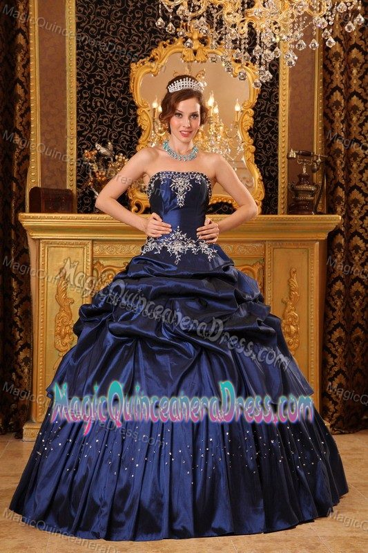 Navy Blue Strapless Long Quinceanera Gown with Pick-ups and Appliques