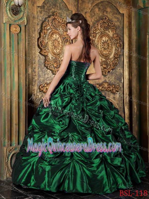 New Appliqued Sweetheart Hunter Green Long Quinces Dress with Pick-ups