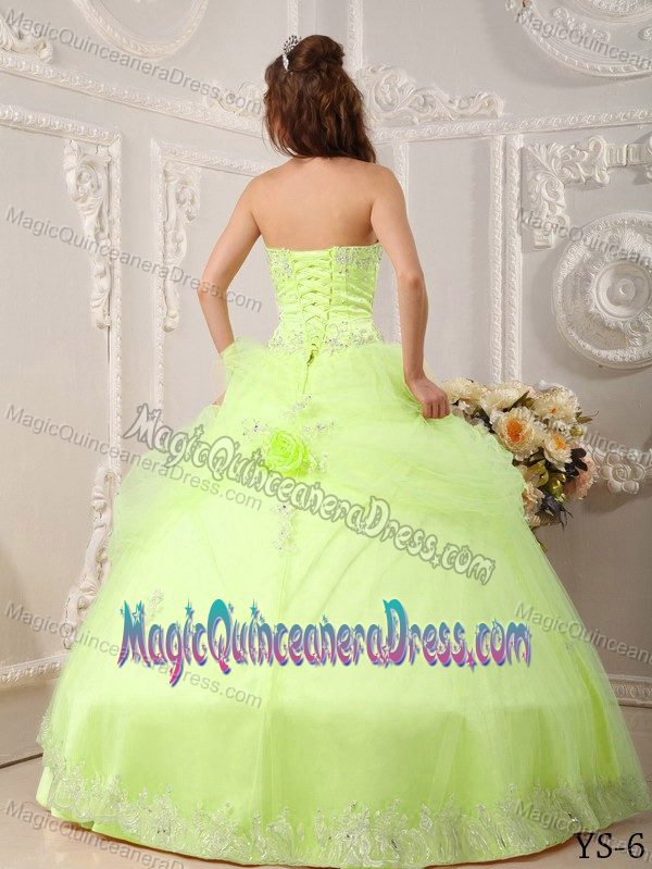 Bright Yellow Green Beaded Sweetheart Long Quinceanera Gown with Flowers