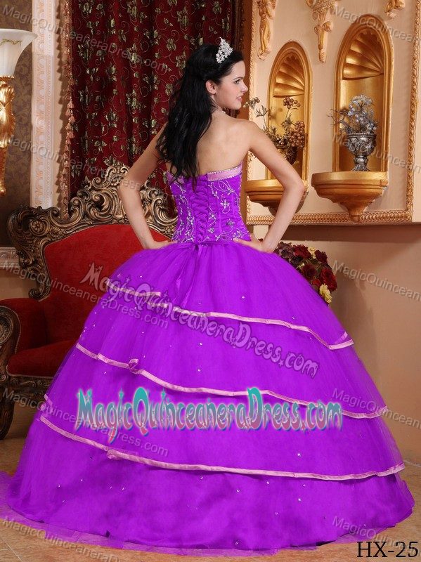 Sweetheart Purple Long Dresses For Quinceanera with Layers and Embroidery