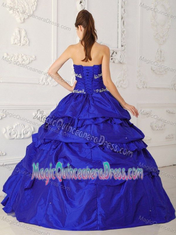 Blue Appliqued Sweetheart Full-length Quince Dress with Pick-ups in York