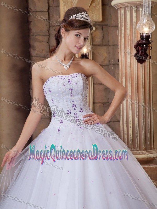 Modest White Strapless Full-length Sweet 16 Dress with Beading in Elmira