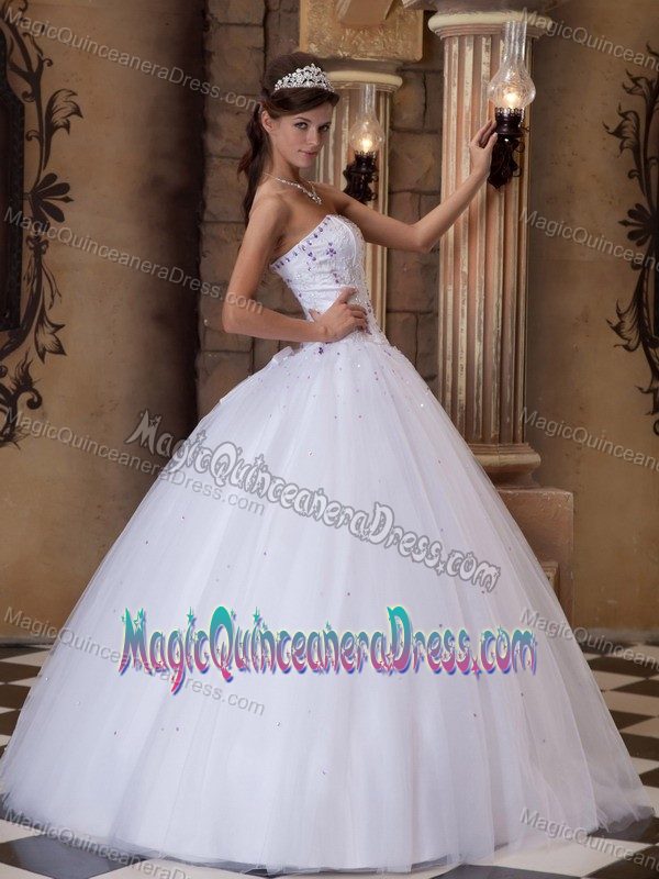 Modest White Strapless Full-length Sweet 16 Dress with Beading in Elmira