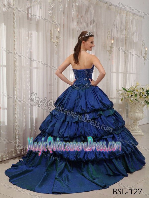 Royal Blue Sweetheart Court Train Quinceanera Gown Dresses with Appliques