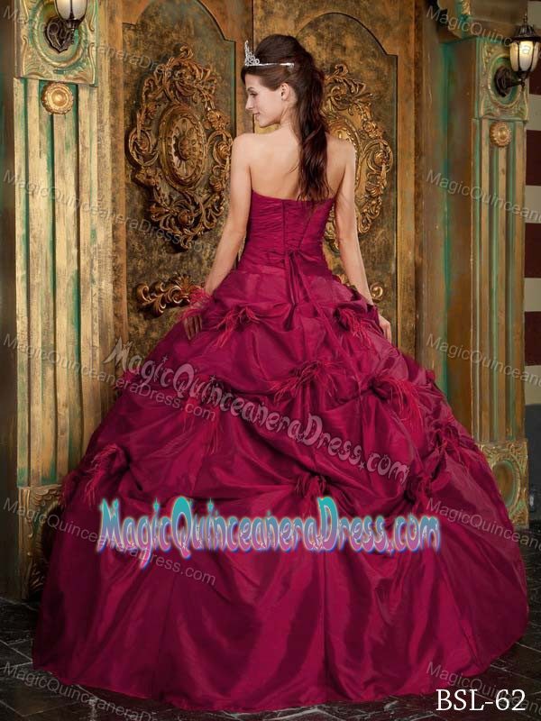 Elegant Wine Red Strapless Long Quince Dresses with Pick-ups in Eugene