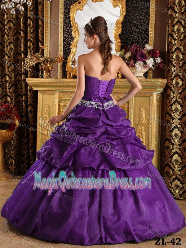 Purple Sweetheart Long Quince Dress with Pick-ups and Appliqued Waist