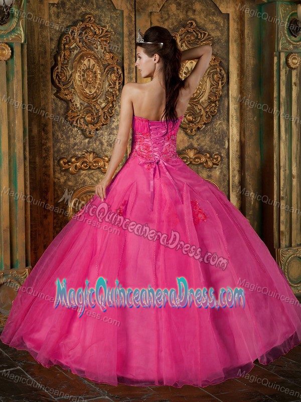 Hot Pink Beaded Sweetheart Long Quinceanera Gown Dresses with Appliques