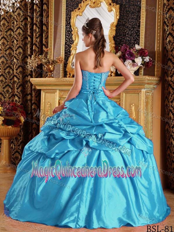 Teal Strapless Long Dresses For Quinceanera with Pick-ups and Embroidery