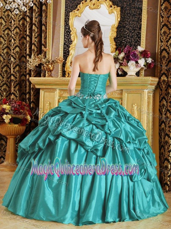 Teal Strapless Floor-length Dress For Quinceanera with Appliques and Pick-ups