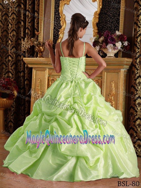 Yellow Green Straps Quinceanera Gown with Beading and Ruching in Anthon