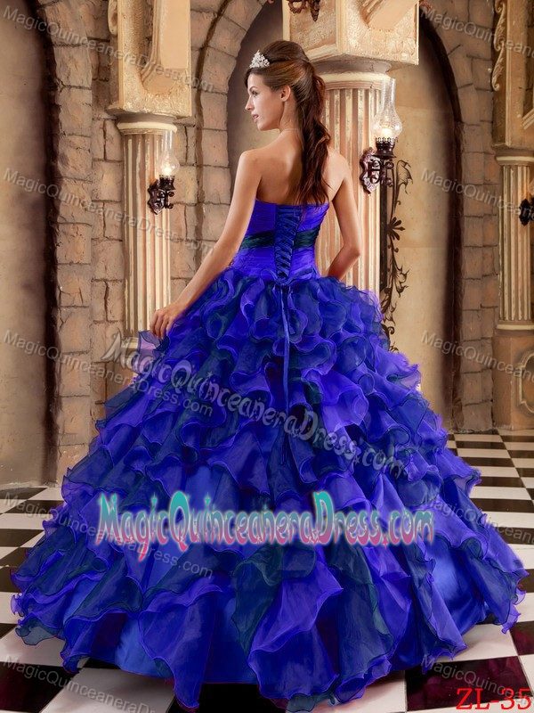 Ruffled Multi-color Strapless Sweet 15 Dress in Floor-length with Appliques
