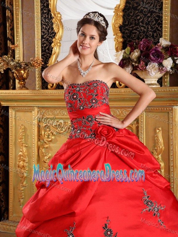 Red Strapless Floor-length Taffeta Quince Dress with Embroidery in Cornell