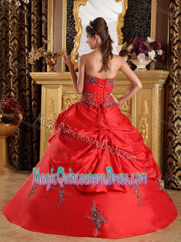 Red Strapless Floor-length Taffeta Quince Dress with Embroidery in Cornell