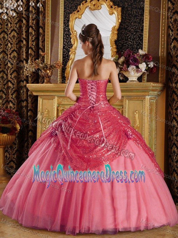 Coral Red Sweetheart A-line Sweet 15 Dresses with Sequins in Cedar Grove