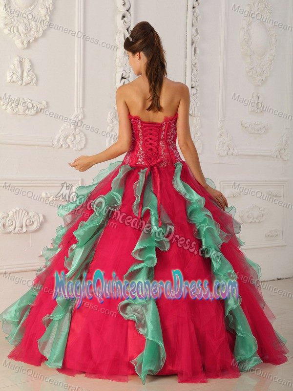 Hot Red and Green Strapless Floor-length Quinceanera Dress with Ruffles