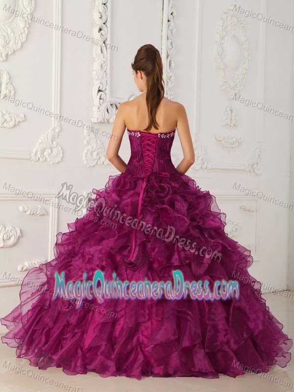 Fuchsia Strapless Quinceanera Gown Dresses with Embroidery and Ruffles