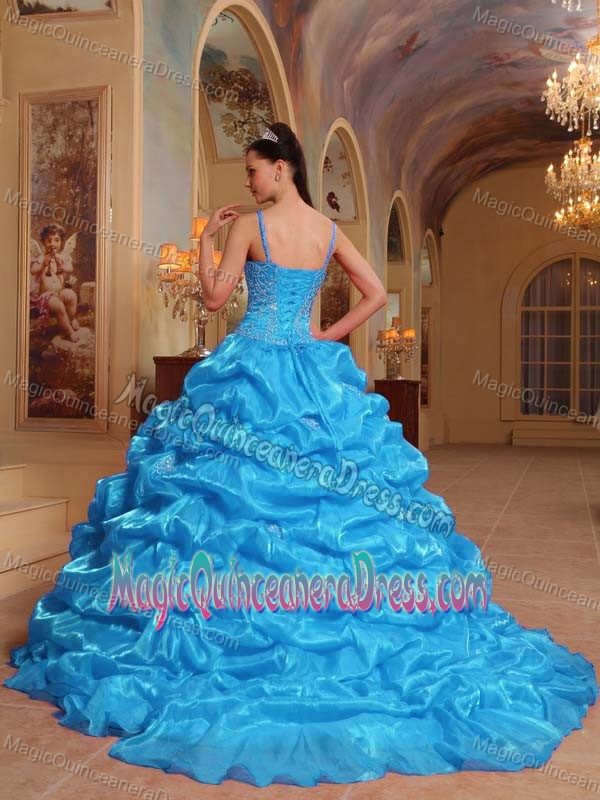 Top Ruffled Blue Spaghetti Straps Floor-length Quince Dress with Beading