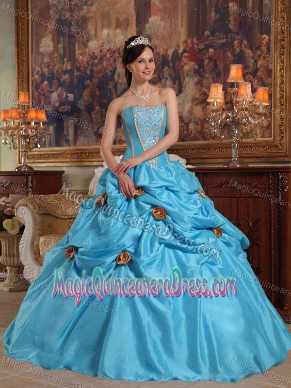 Blue Strapless Floor-length Quinceanera Dress with Flowers and Appliques