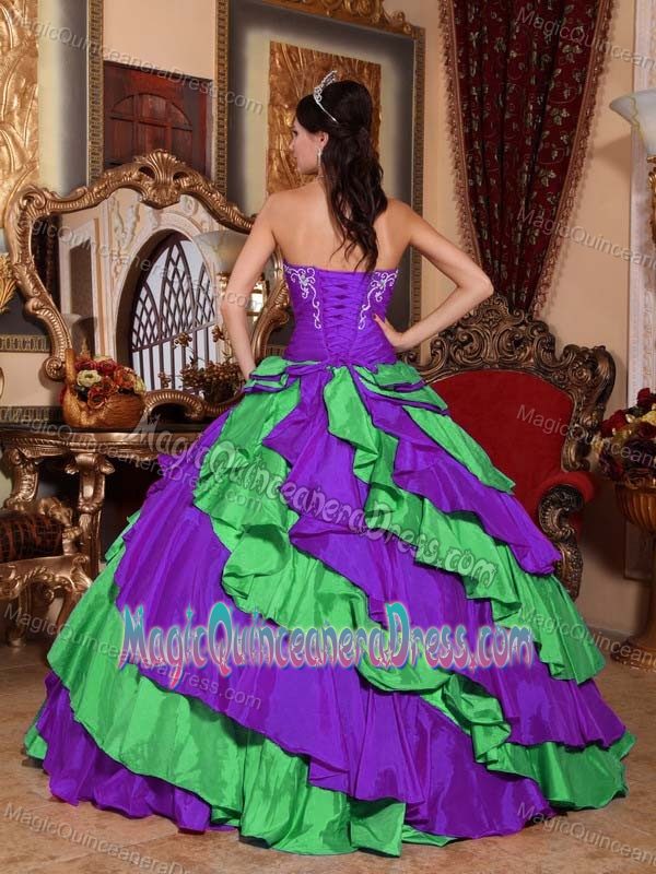 Purple and Green Strapless Quinceanera Dress with Appliques in Boyceville