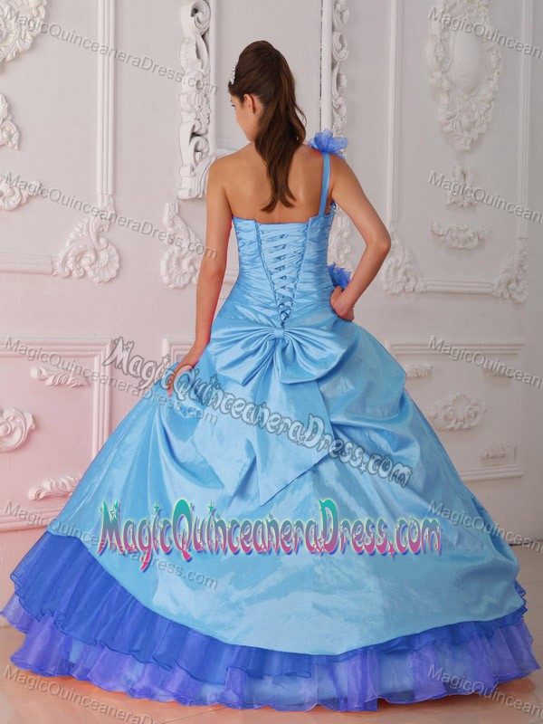 Blue One Shoulder Floor-length Sweet 16 Dress with Flowers and Pick-ups