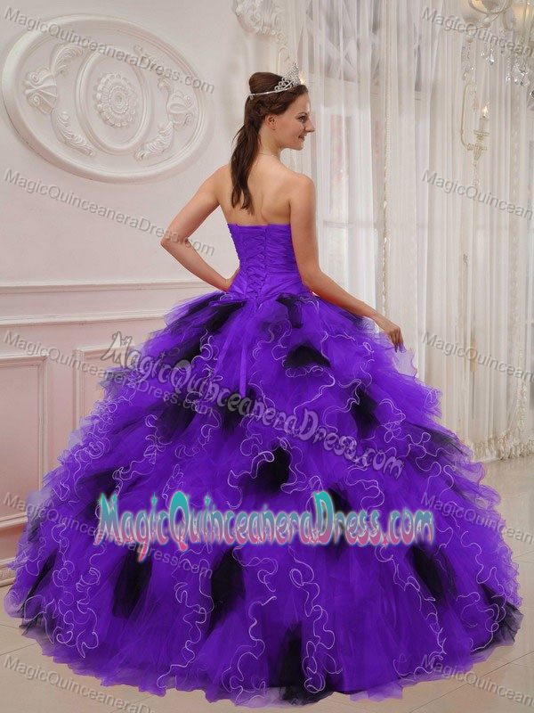 Ruffled Purple and Black Sweetheart Floor-length Quince Dress in Chetek