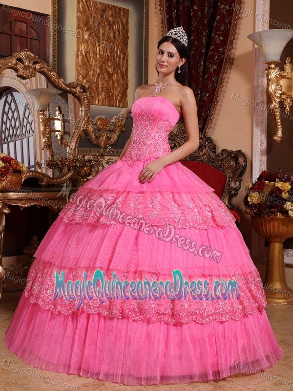 Pink Strapless Quinceanera Dresses with Beading and Lace in Darlington