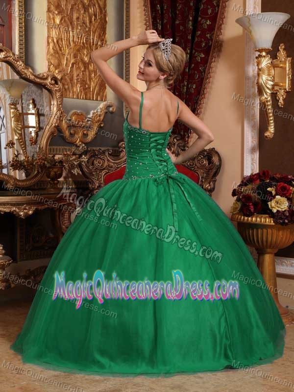 Spaghetti Straps Floor-length Sweet 15 Dress in Dark Green with Beading