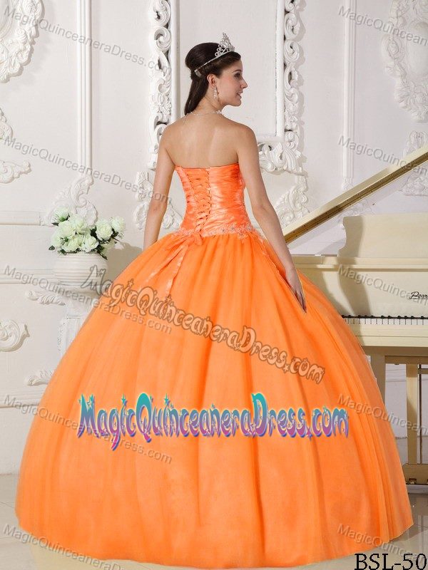 Orange Strapless Floor-length Sweet Sixteen Dress with Appliques in Dane