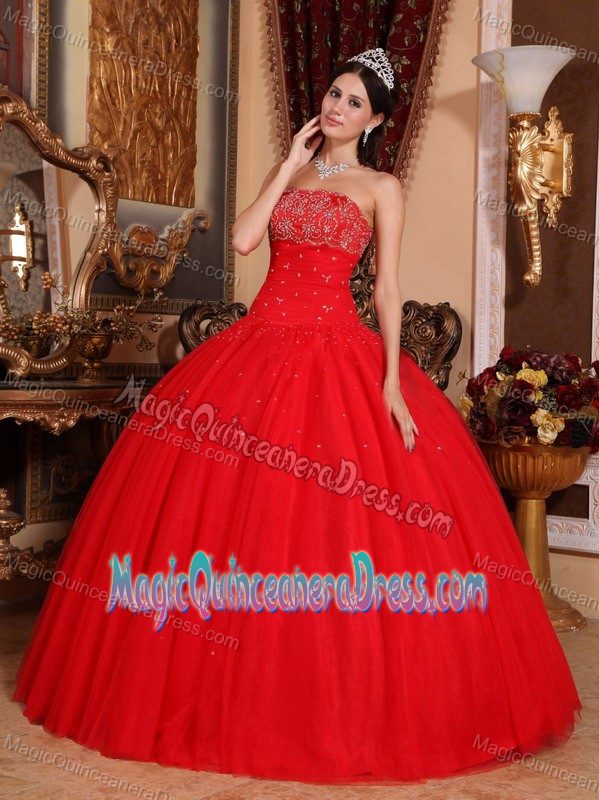 Red Strapless Floor-length Sweet Sixteen Dresses with Beading in Foley