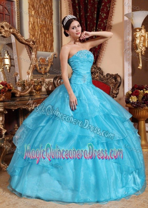 Hot Strapless Floor-length Quinceanera Gown in Aqua Blue with Beading