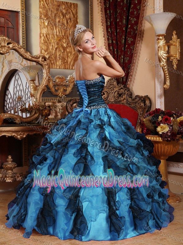 Blue and Black Sweetheart Sweet Sixteen Dress with Beading and Ruffles