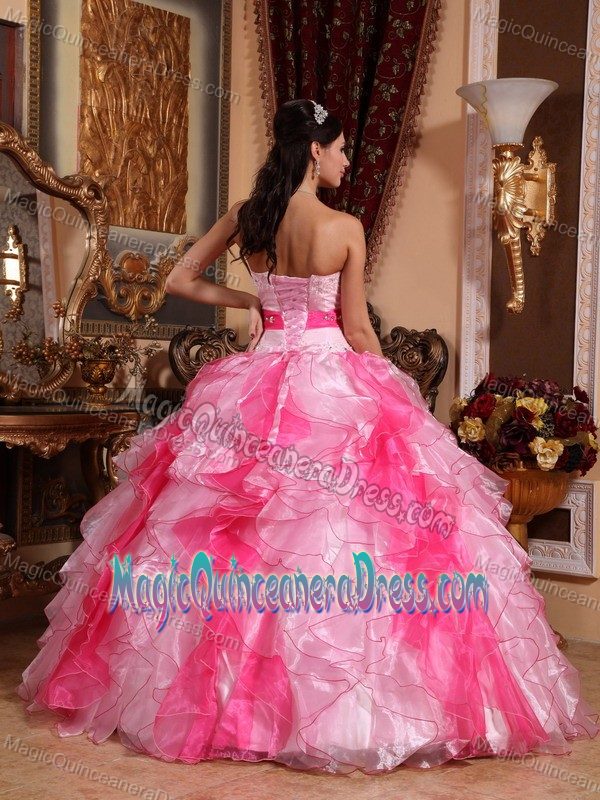 Ruffled Sweetheart Quinceanera Dresses in Pink and Red with Beading