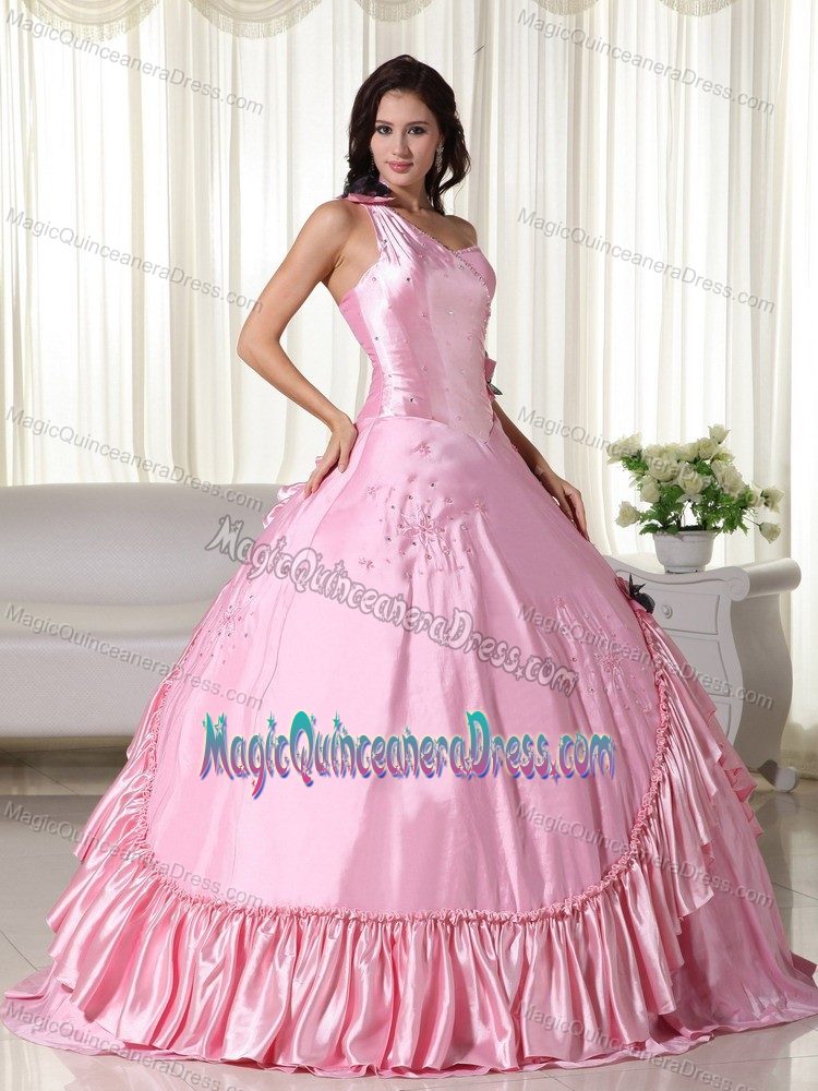Customer Made One Shoulder Lace-up Baby Pink Quince Dress under 200