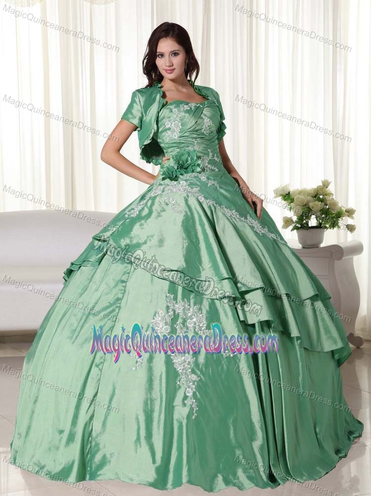 Classy Lace-up Appliqued Green Quinceanera Gown Dress with Flowers
