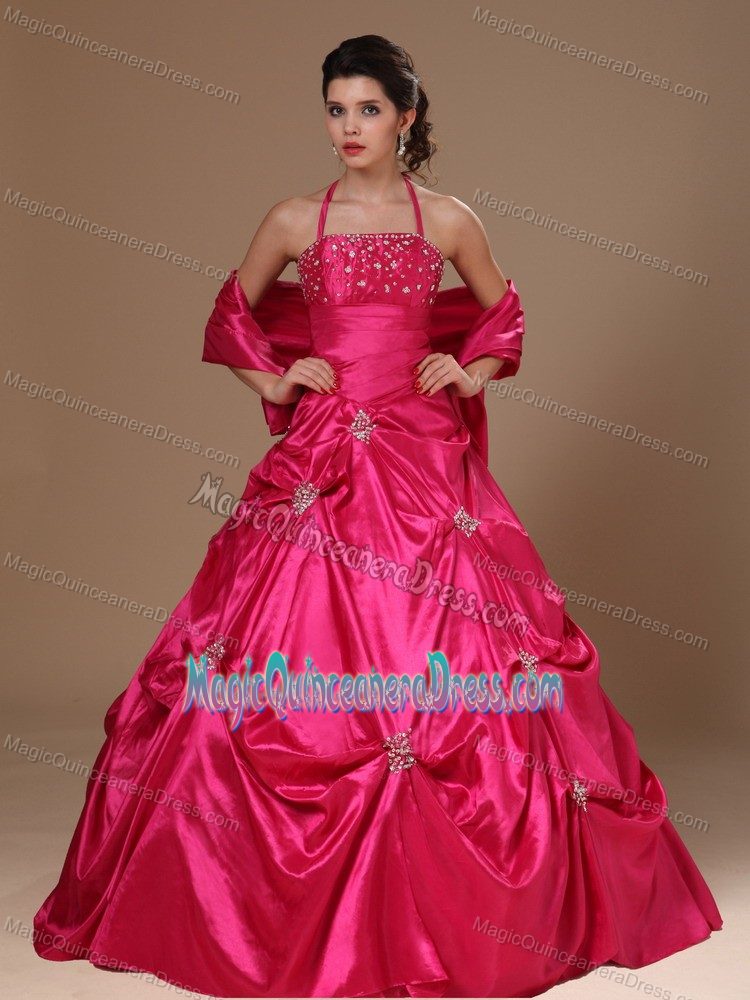 Halter Beaded Hot Pink a-Line Quinces Dresses with Pick-ups in Fashion