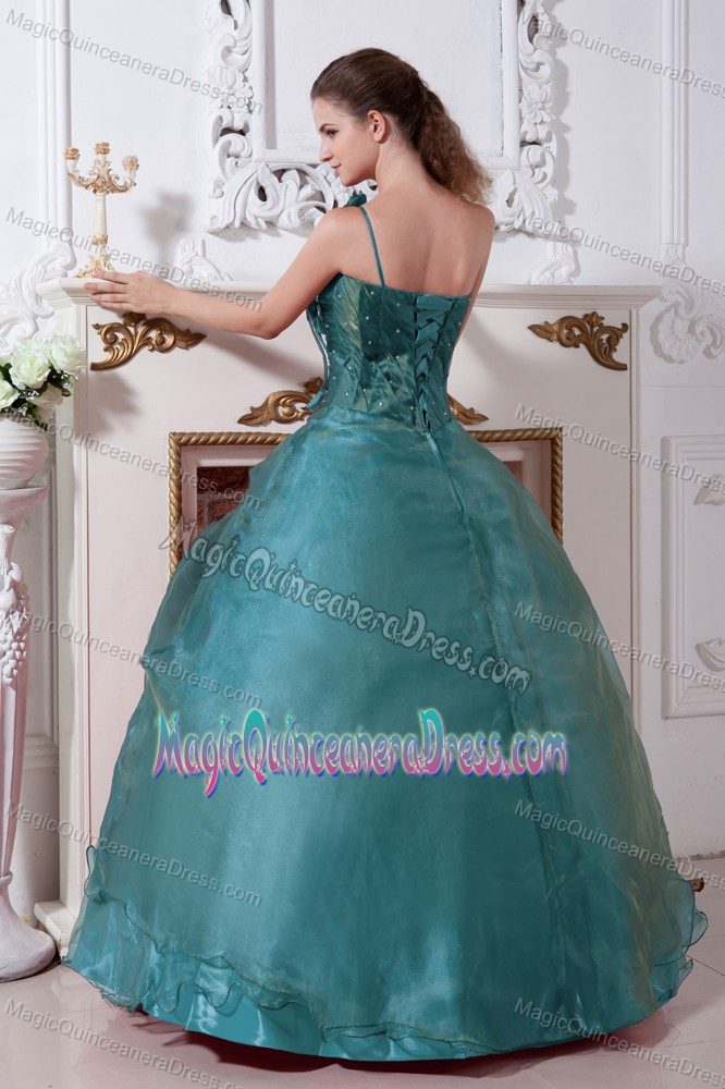 Impressive One Shoulder Beaded Turquoise Quinceanera Dress in Organza
