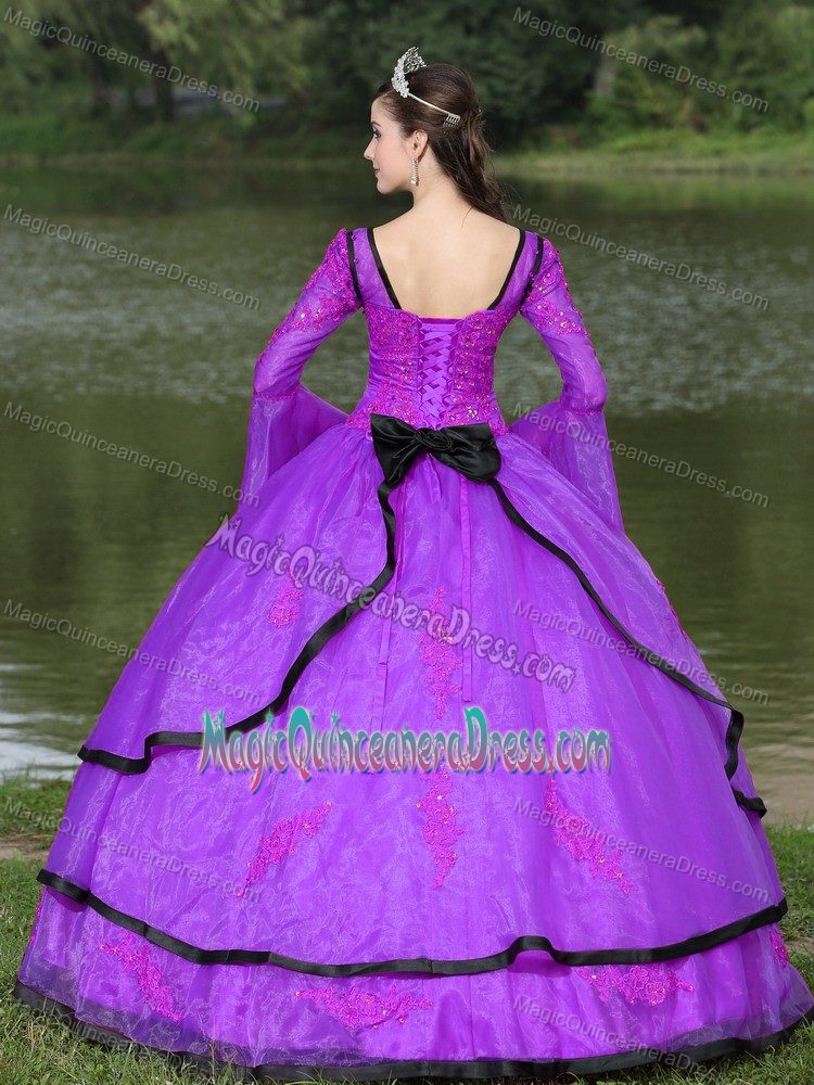 Most Recent Appliqued Purple Quinces Dress with Flounced Long Sleeves