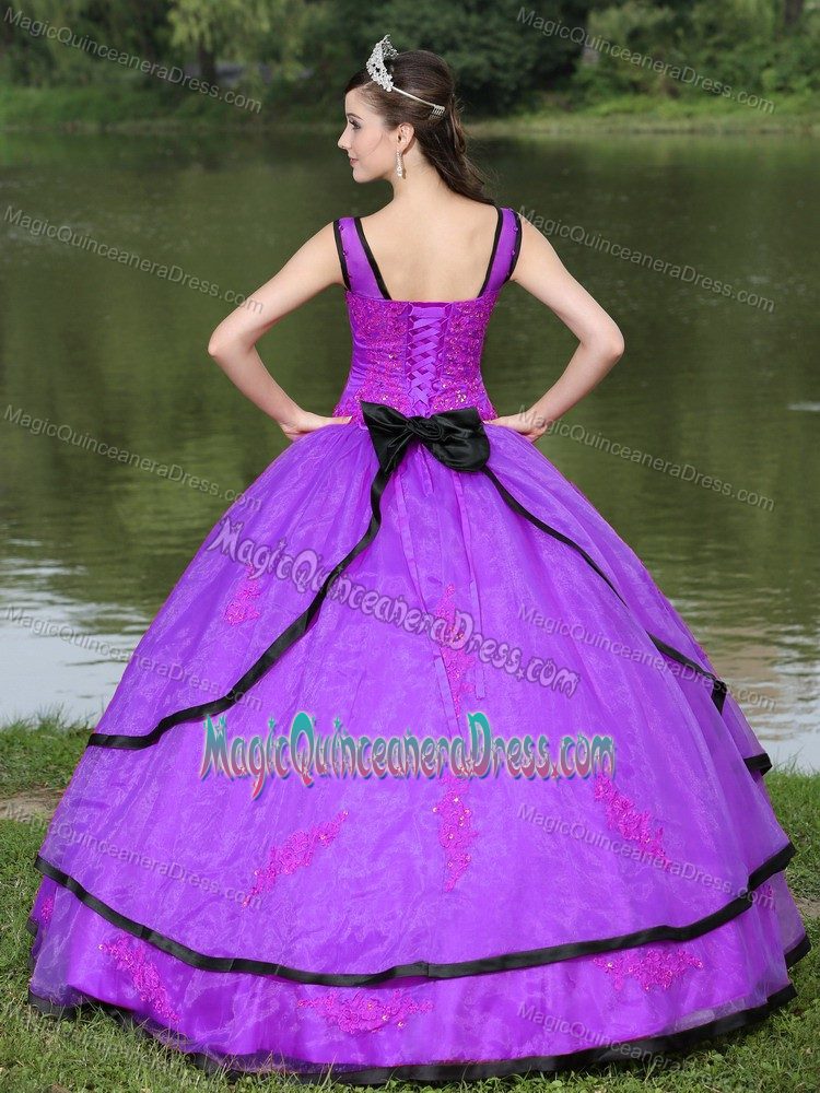 Most Recent Appliqued Purple Quinces Dress with Flounced Long Sleeves