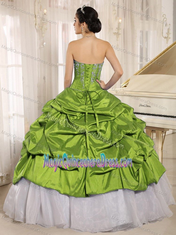 Exquisite Spring Green and White Sweet 15 Dresses with Pick-ups and Embroidery