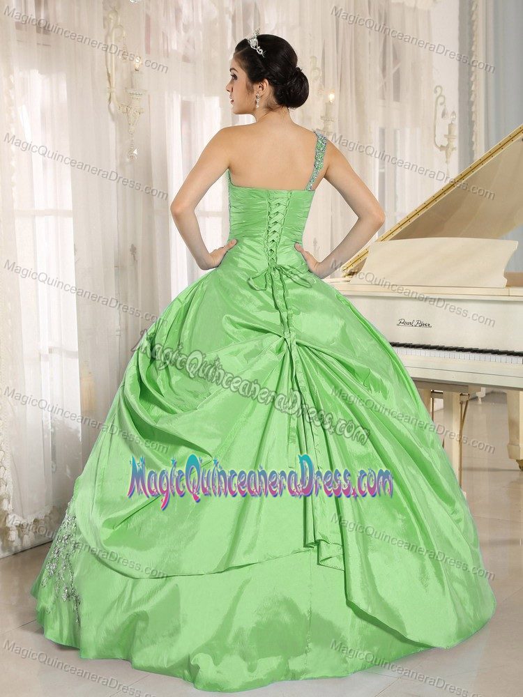 Unique One Shoulder Yellow Green Sweet Sixteen Dresses with Appliques