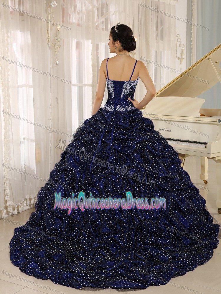 Well-Packaged Straps Navy Blue Quinces Dresses with Polka Dots and Appliques