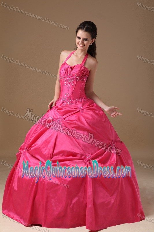 Recommended Halter Coral Red Dresses for Quinceanera with Pick-ups