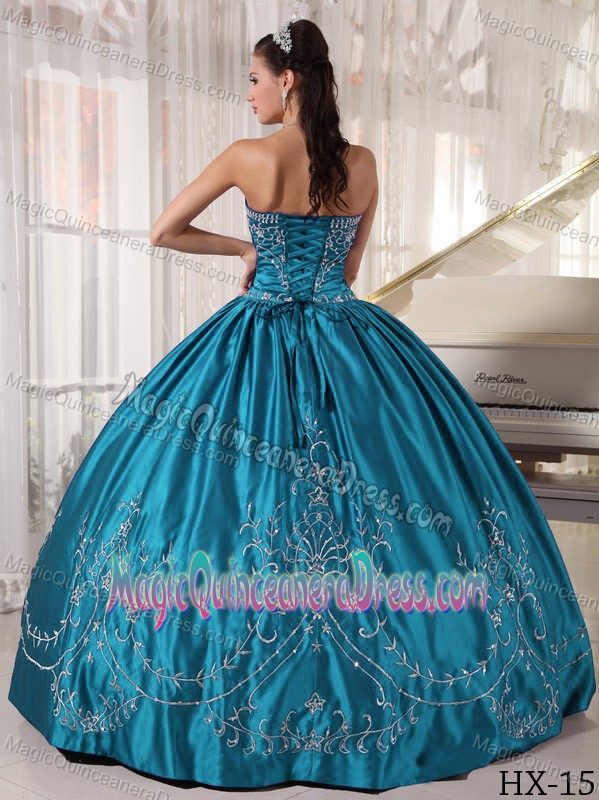 Classy Strapless Ball Gown Teal Sweet 16 Dresses with Embroidery Online